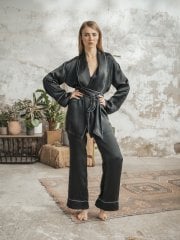 Elegant Saf İpek Pijama Takım Seti Siyah