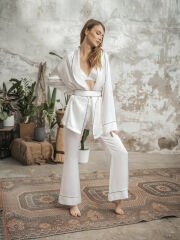 Elegant Saf İpek Pijama Takım Seti Beyaz