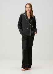 100% Silk Piping Black Pajama Set-Pure Series