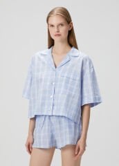 Zau Keten Ve Pamuk Mavi Ekose Şortlu Pijama Takımı-Belezza Koleksiyonu