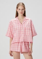 Zau Keten Ve Pamuk Pembe Ekose Şortlu Pijama Takımı-Belezza Koleksiyonu