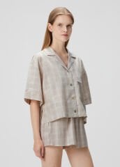 Zau Keten Ve Pamuk Bej Ekose Şortlu Pijama Takımı-Belezza Koleksiyonu